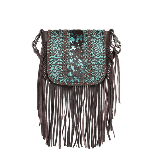 Montana West Genuine Leather Floral Tooled Fringe Crossbody Bag