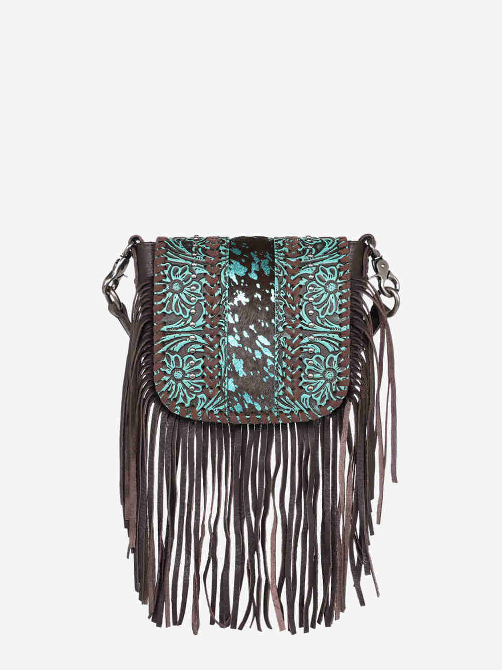 Montana West Genuine Leather Floral Tooled Fringe Crossbody Bag